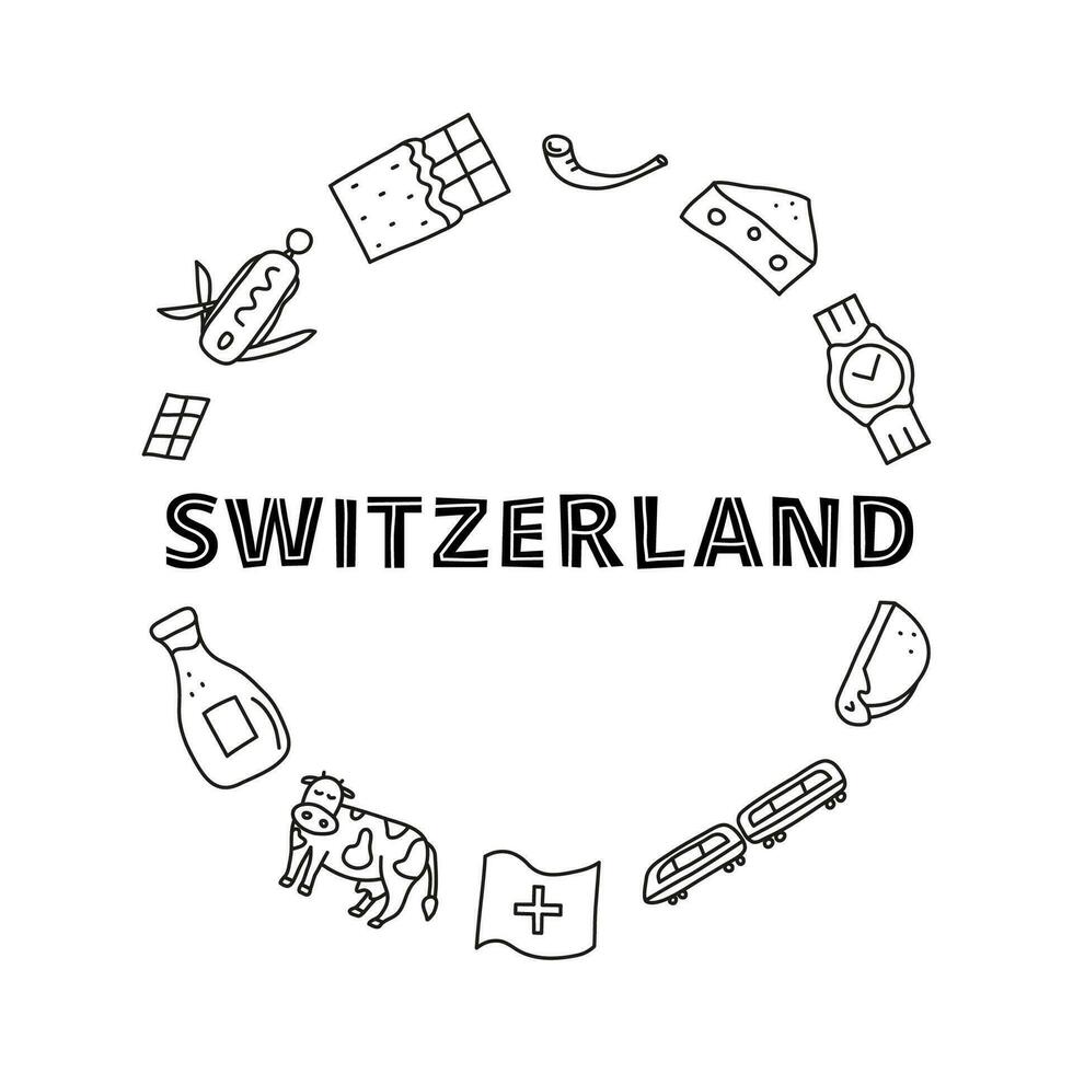 Doodle Switzerland travel icons in circle. vector