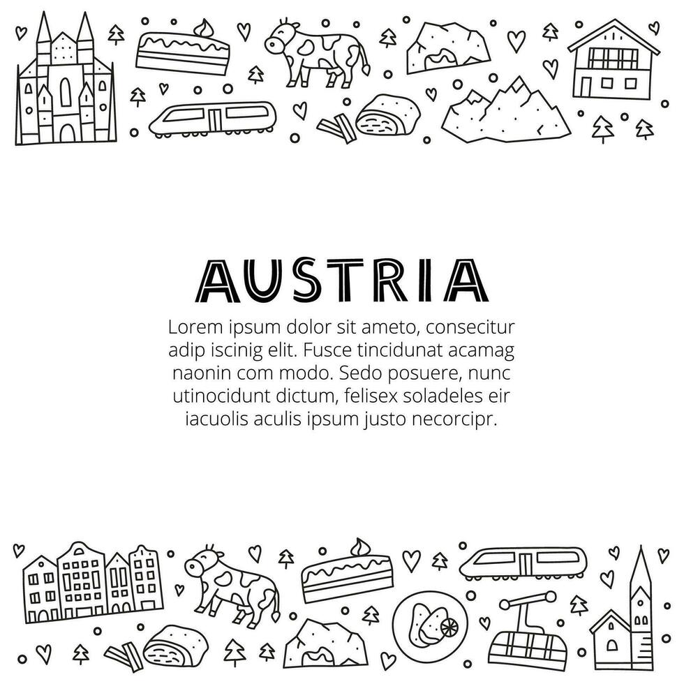 Poster with lettering and doodle outline Austria icons. vector