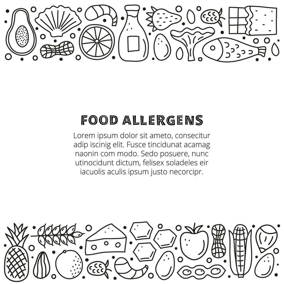 Poster with doodle food allergens and space for text. vector