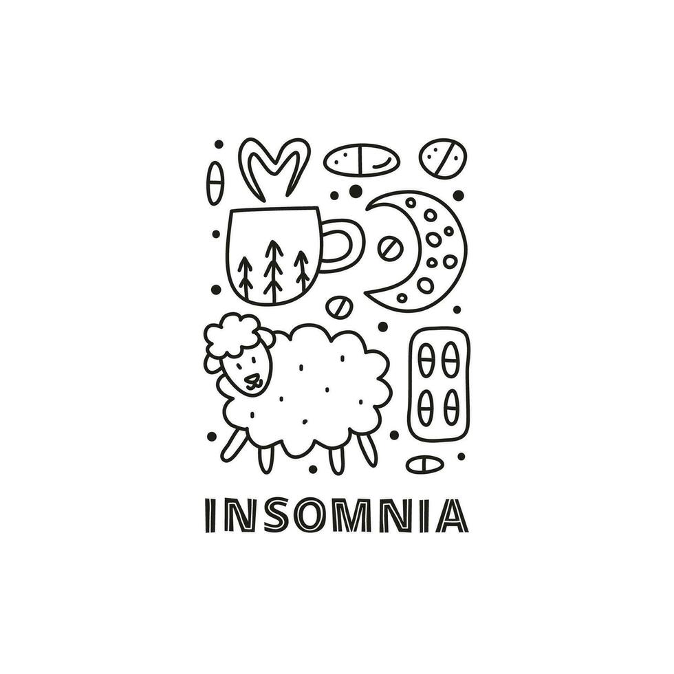 Group of doodle outline insomnia and bed time icons. vector
