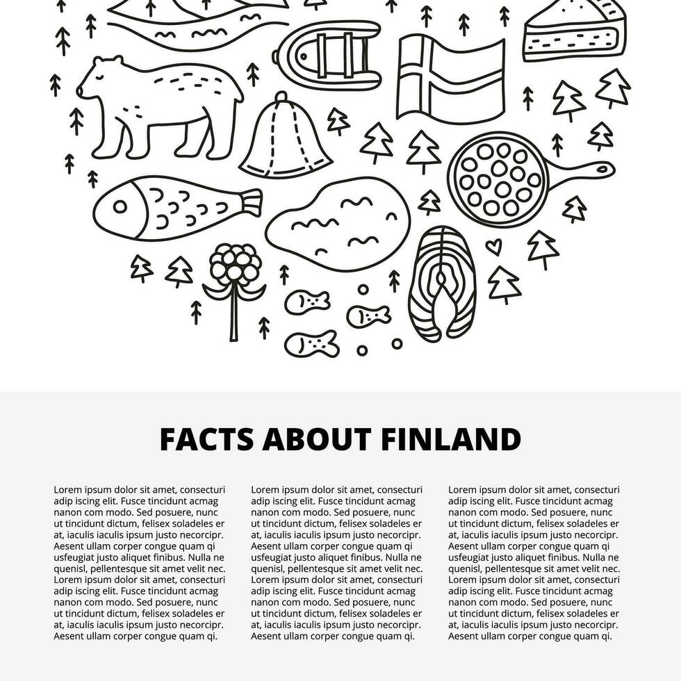 Article template with doodle outline finland icons. vector