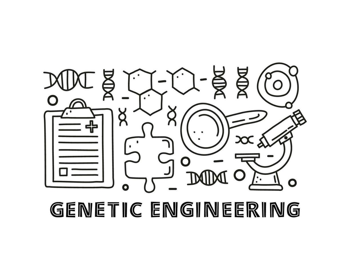 Group of doodle outline genetic engineering icons. vector