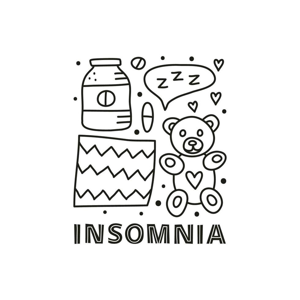 Group of doodle outline insomnia icons. vector