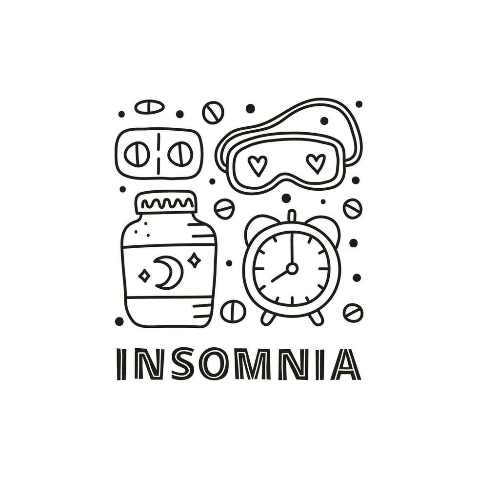 Group of doodle outline insomnia icons. vector