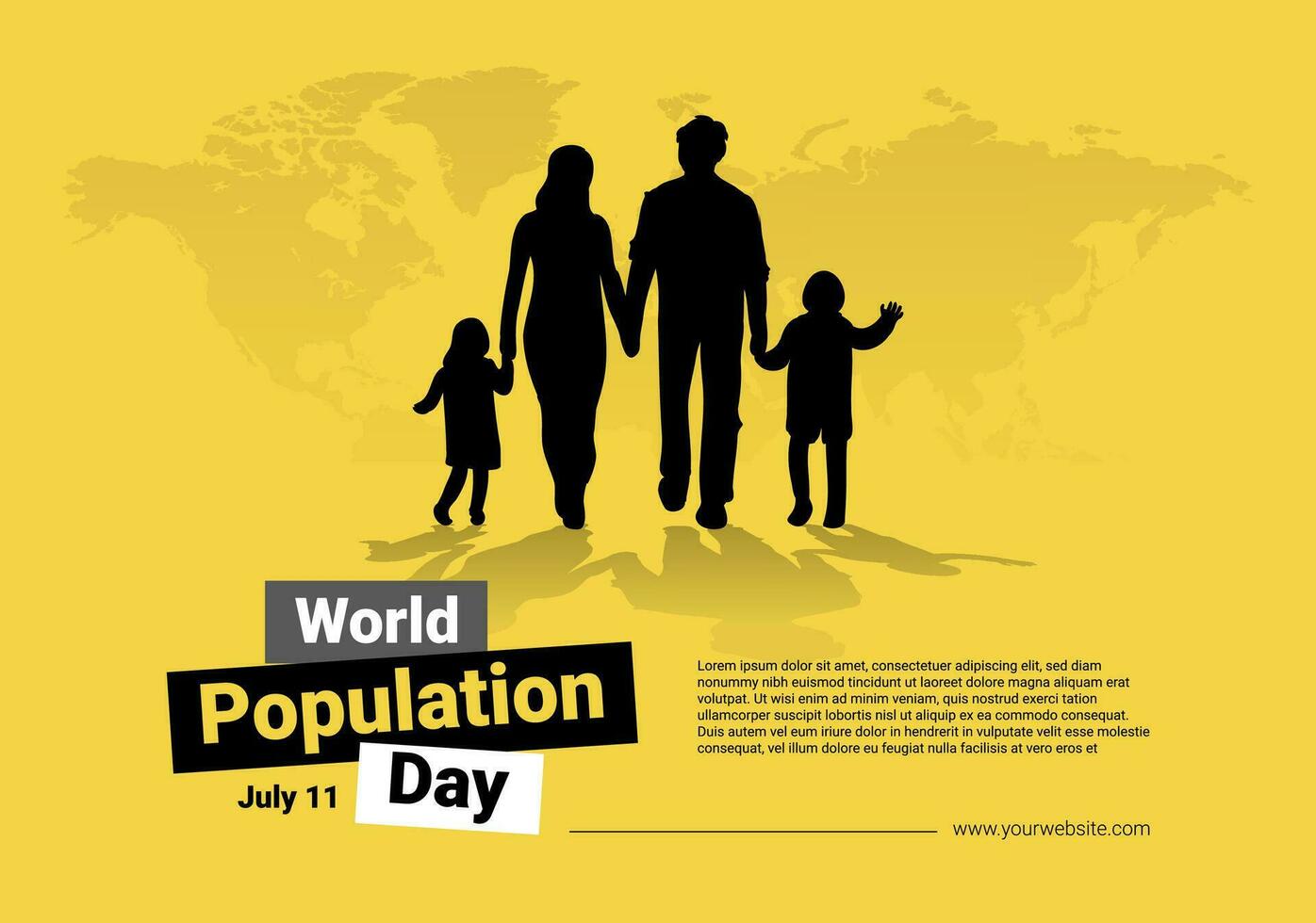 sencillo limpiar mundo población día bandera con familia silueta y mundo mapa antecedentes concepto vector
