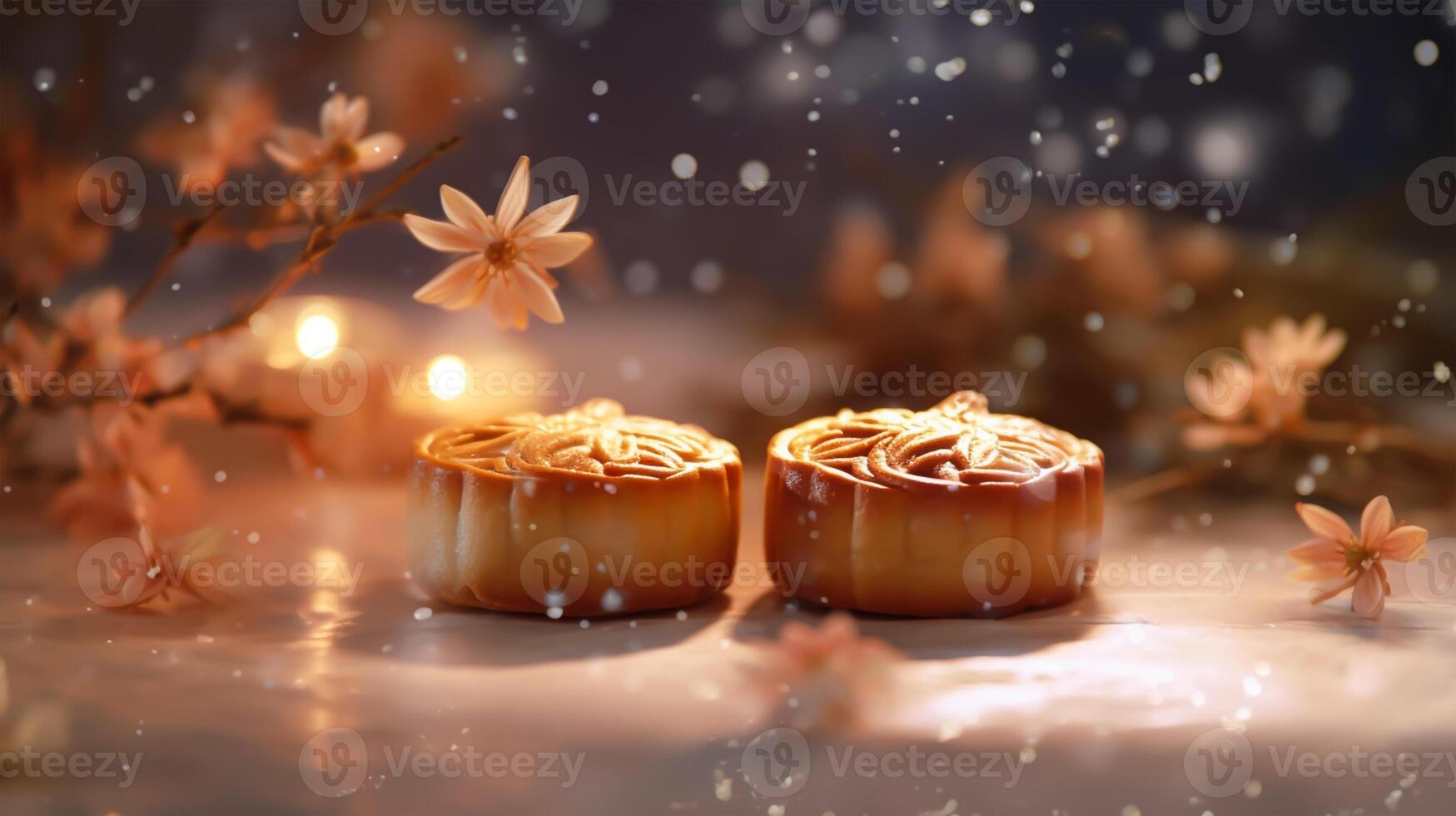 Mid-Autumn Festival moon cake and Sakura blossom background, photo