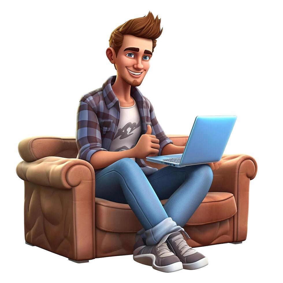A 3d character boy using laptop white isolated background photo