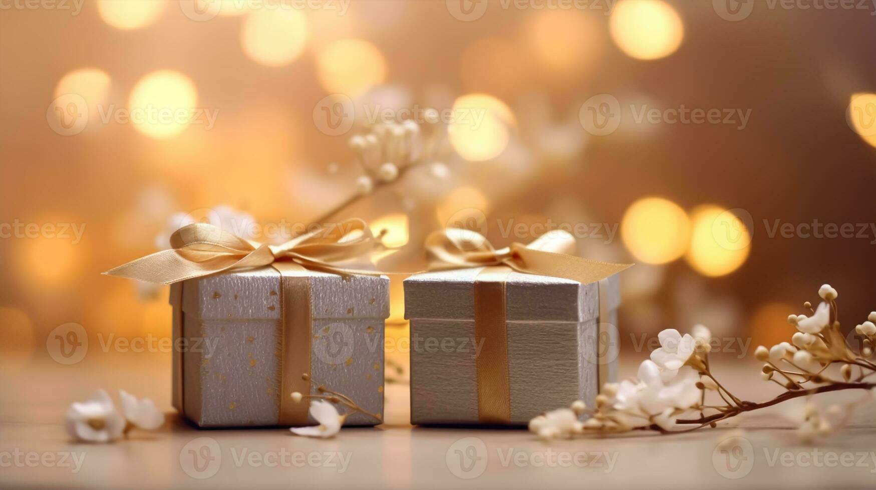 Gift boxes with blooming branch on bokeh background. New year, mid autumn festival, celebration, Generative AI photo