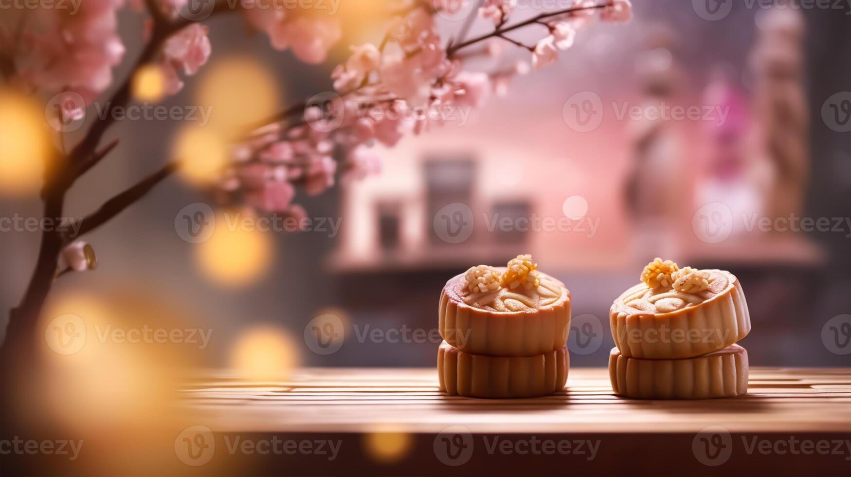 Mid-Autumn Festival moon cake and Sakura blossom background, photo