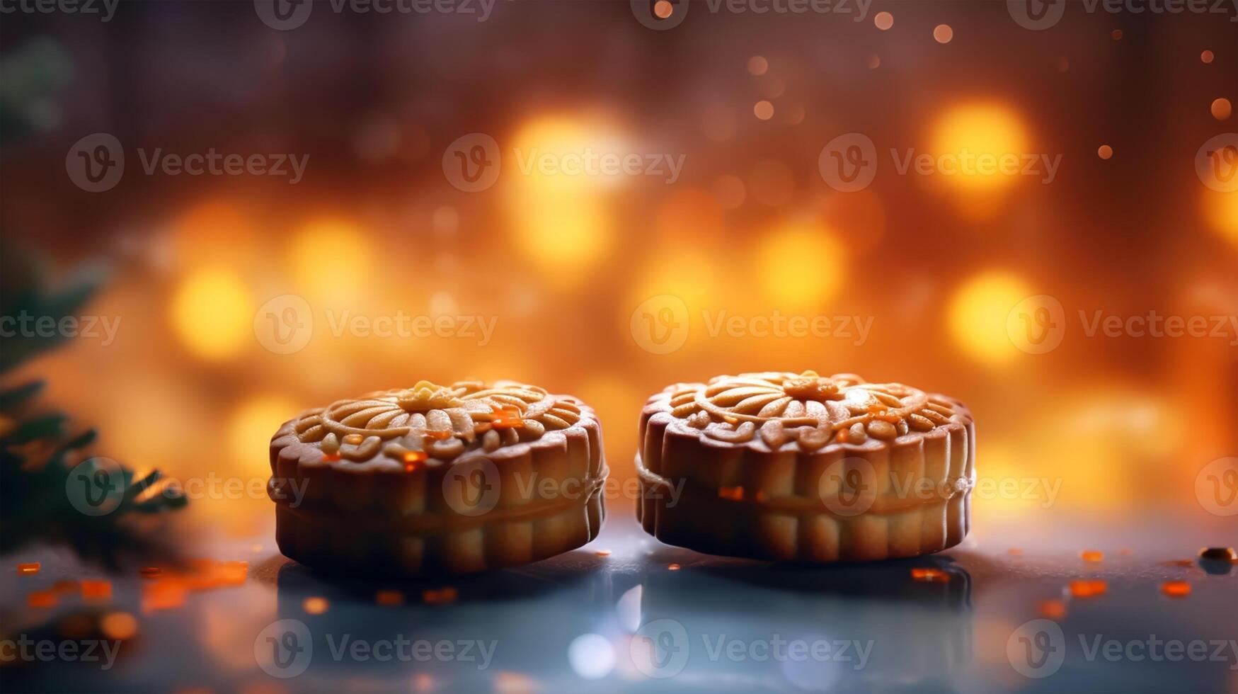 Mid-Autumn Festival moon cake and Sakura blossom background, photo
