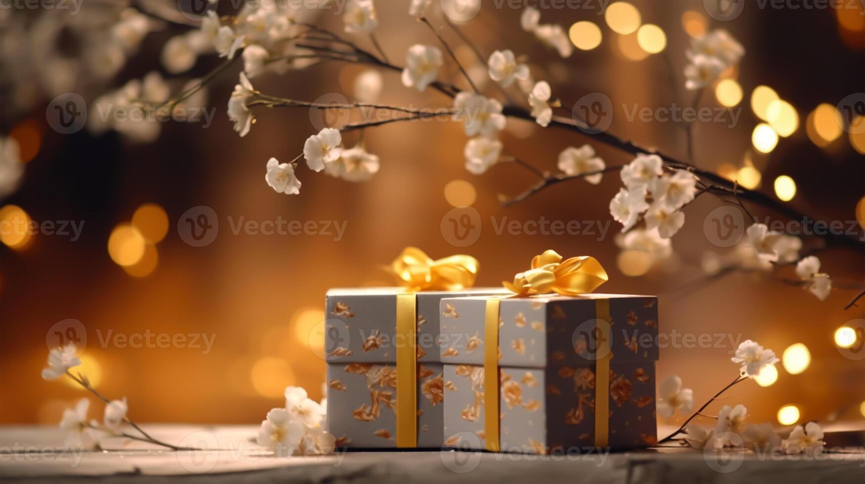 Gift boxes with blooming branch on bokeh background. New year, mid autumn festival, celebration, Generative AI photo