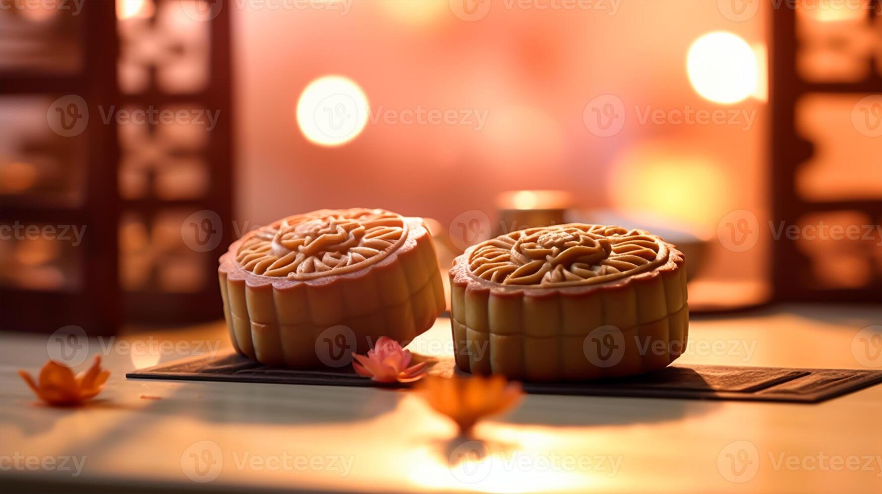Mid-Autumn Festival moon cake and Sakura blossom background, photo
