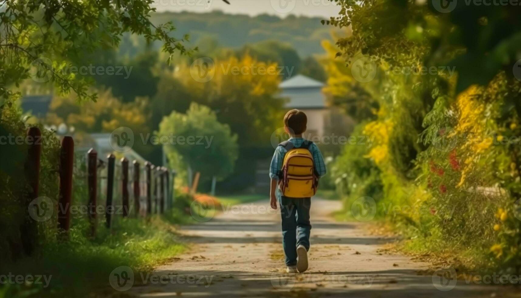 Back view of schoolboy with backpack standing in classroom. Back to school concept photo