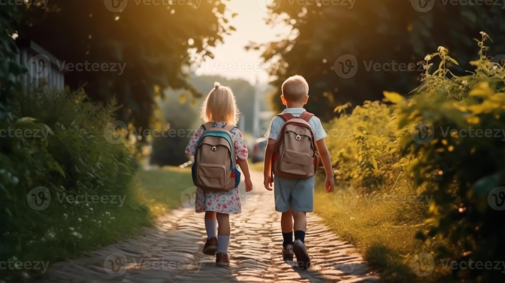 espalda ver de dos pequeño niños con mochilas yendo a escuela, espalda a colegio concepto, generativo ai foto