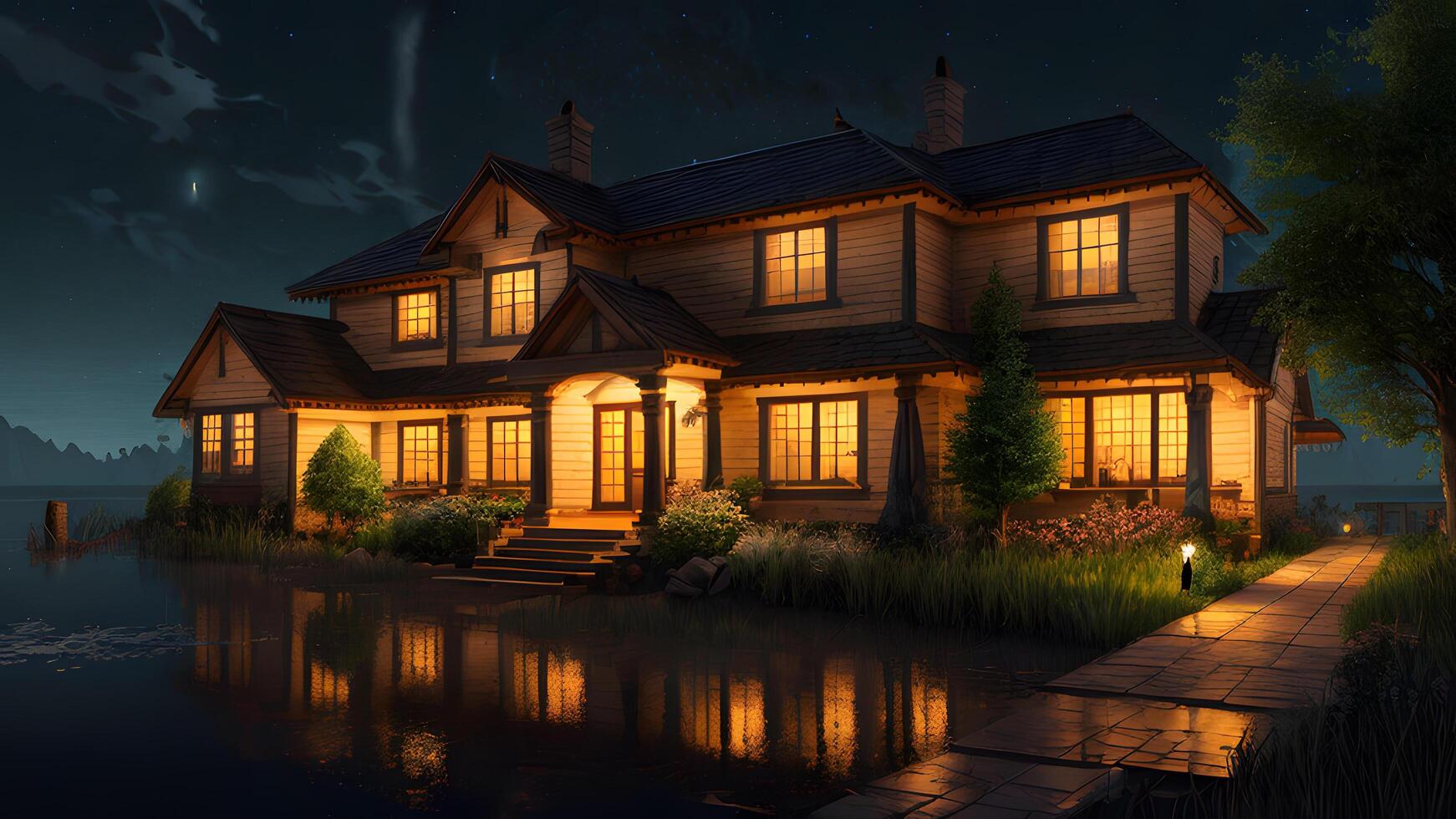 Stunning realistic house exterior at night environment created with technology photo