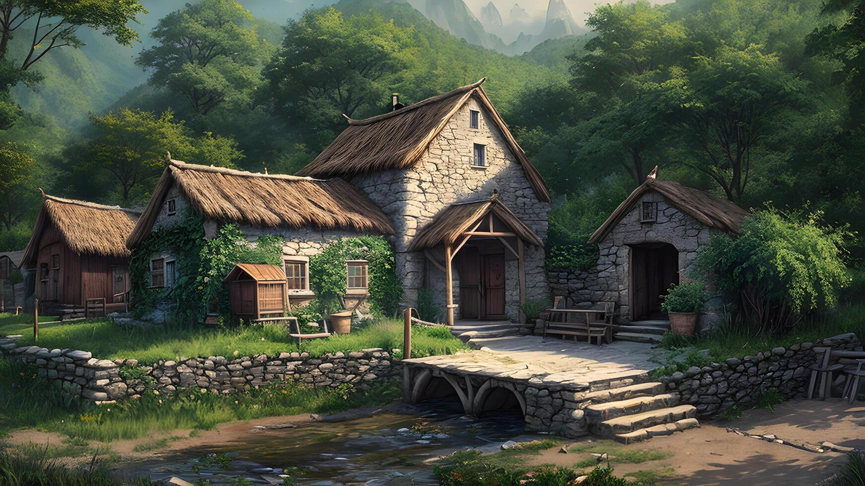 Photorealistic 3d illustration of an village environment in a scenic nature forest on a sunny day created with technology. photo