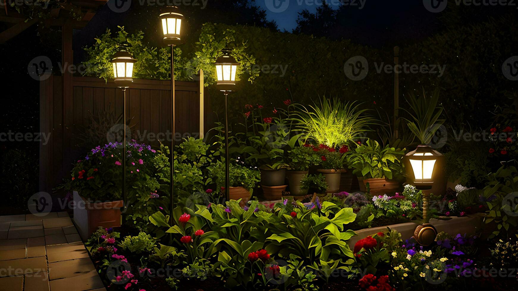 Luxurious Shining Lights Garden Environment Created With Generative Ai Technology photo