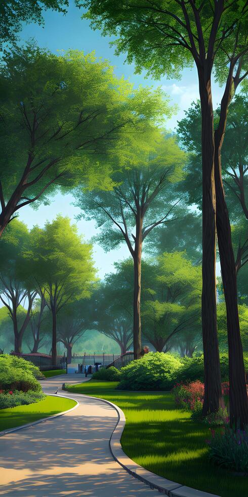 Day light shadow in scenic green park environment created with technology photo