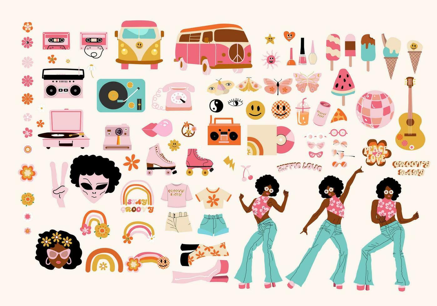 1970s style retro summer graphic elements pack vector
