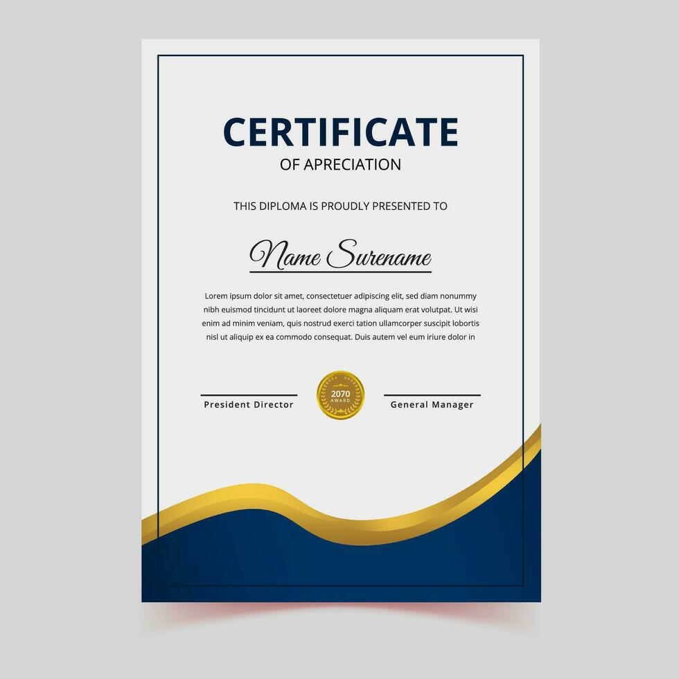 azul y oro certificado de logro modelo conjunto con oro Insignia y borde, premio diploma diseño blanco, vector ilustración, vector, diseño, volantes