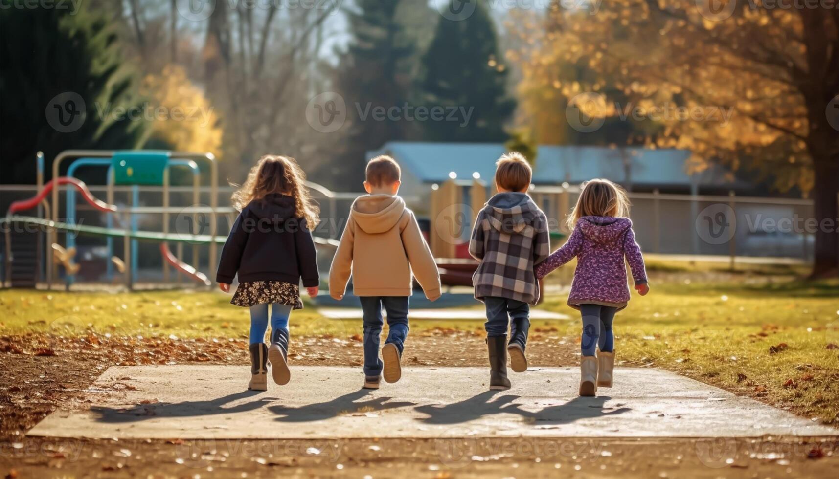 espalda a colegio concepto. colegio niños con mochilas yendo a escuela, generativo ai foto