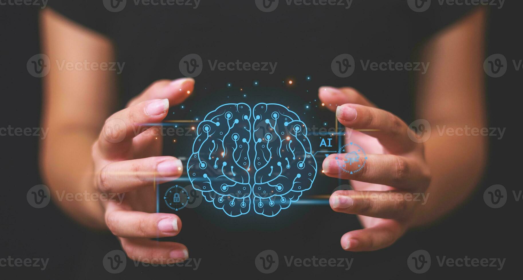 Brain of AI, Symbolic, Machine learning, artificial intelligence of futuristic technology. AI network of brain on business analysis, innovative and business growth development. photo