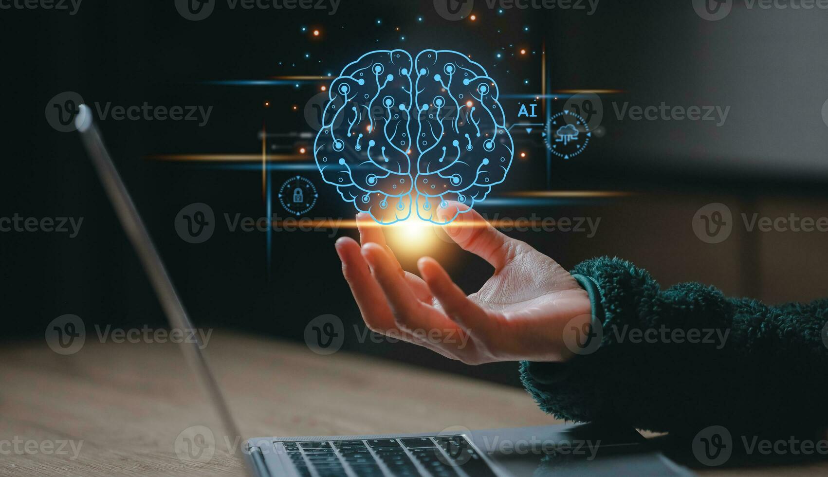 Brain of AI, Symbolic, Machine learning, artificial intelligence of futuristic technology. AI network of brain on business analysis, innovative and business growth development. photo