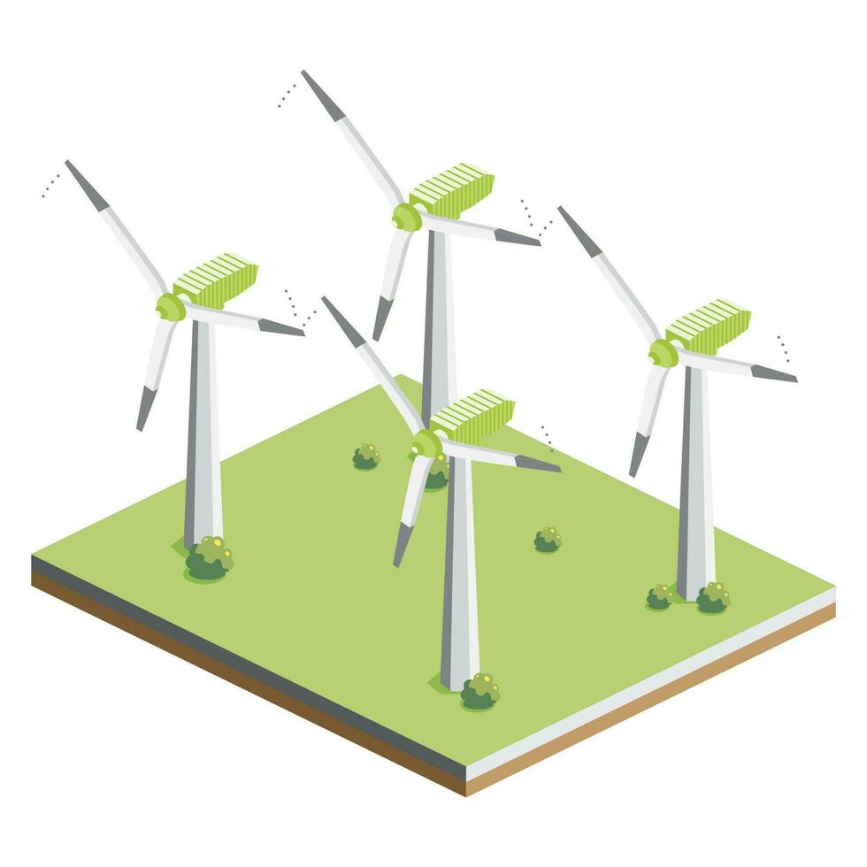 Wind Turbines Farm. Isometric Power Generator. Clean Eneergy. vector