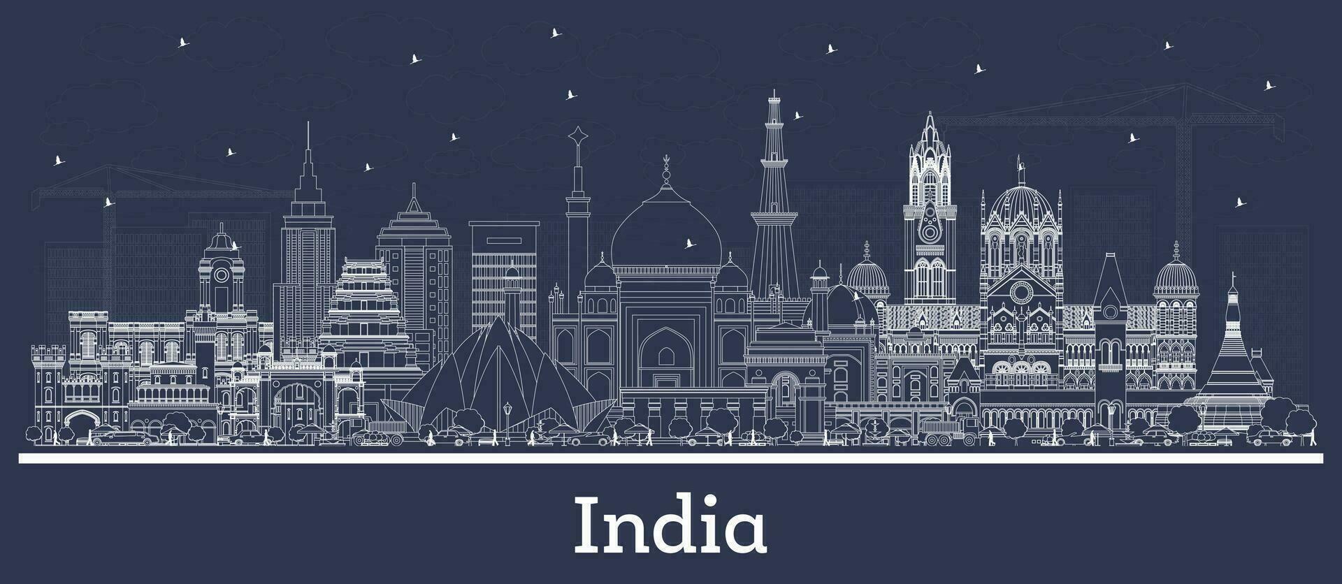 Outline India City Skyline with White Buildings. Delhi. Mumbai, Bangalore, Chennai. vector