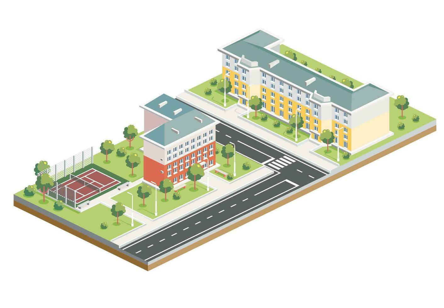 Isometric Residential District. Two Five Storey Buildings. Hotel with Tennis Court. Infographic Element. vector