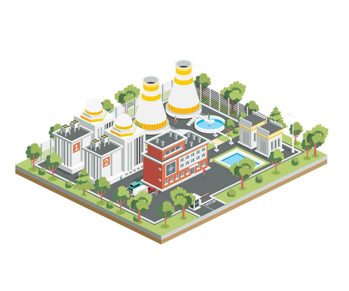 Isometric Nuclear Power Plant. Clean Energy. Generate Electricity. Exterior View of Nuclear Reactor. vector