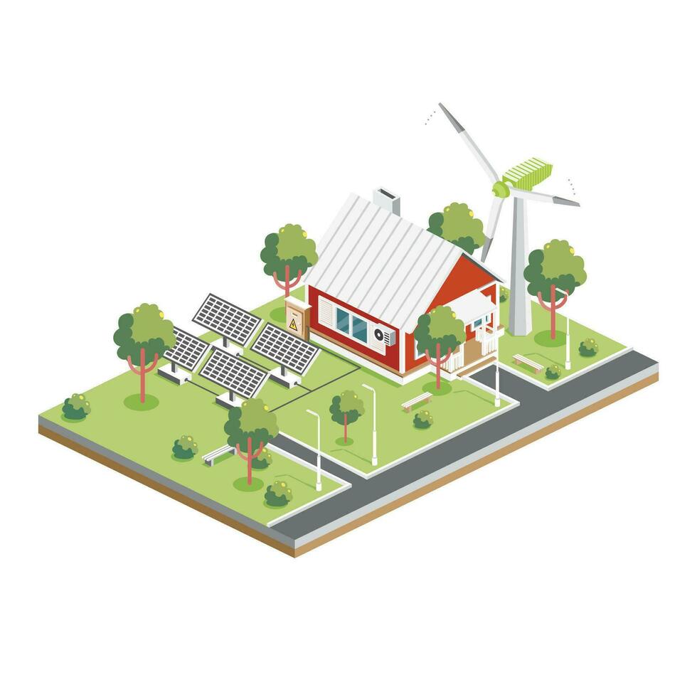 isométrica solar paneles con viento turbina en suburbio. verde eco simpático casa. vector