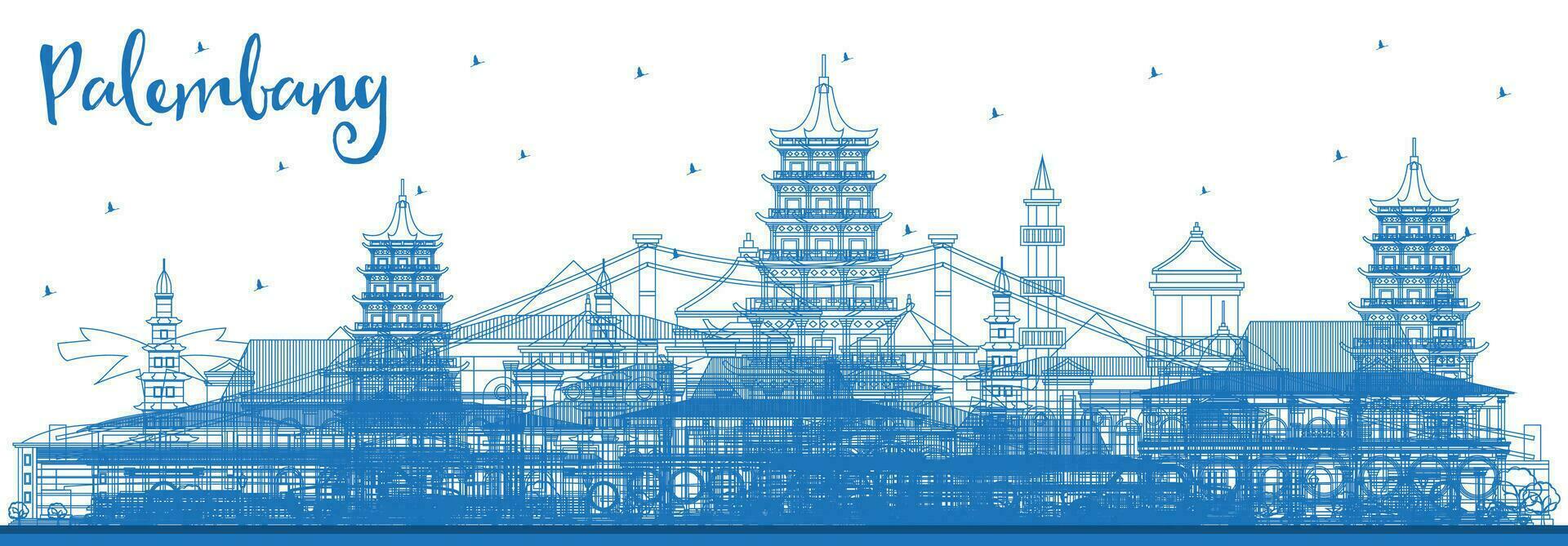 Outline Palembang Indonesia City Skyline with Blue Buildings. Palembang Cityscape with Landmarks. vector