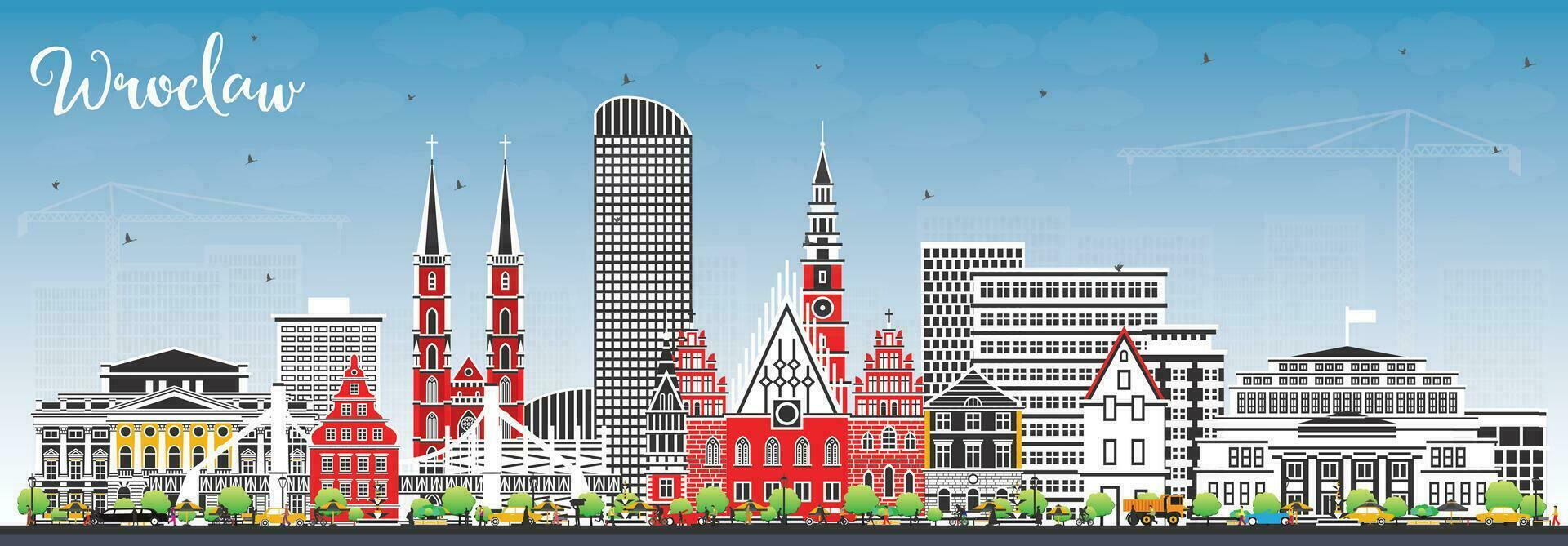 Wroclaw Poland City Skyline with Color Buildings and Blue Sky. Wroclaw Cityscape with Landmarks. vector