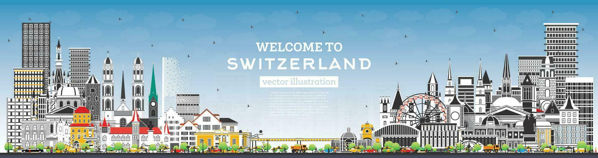 Welcome to Switzerland. City Skyline with Gray Buildings and Blue Sky. Switzerland Cityscape with Landmarks. vector
