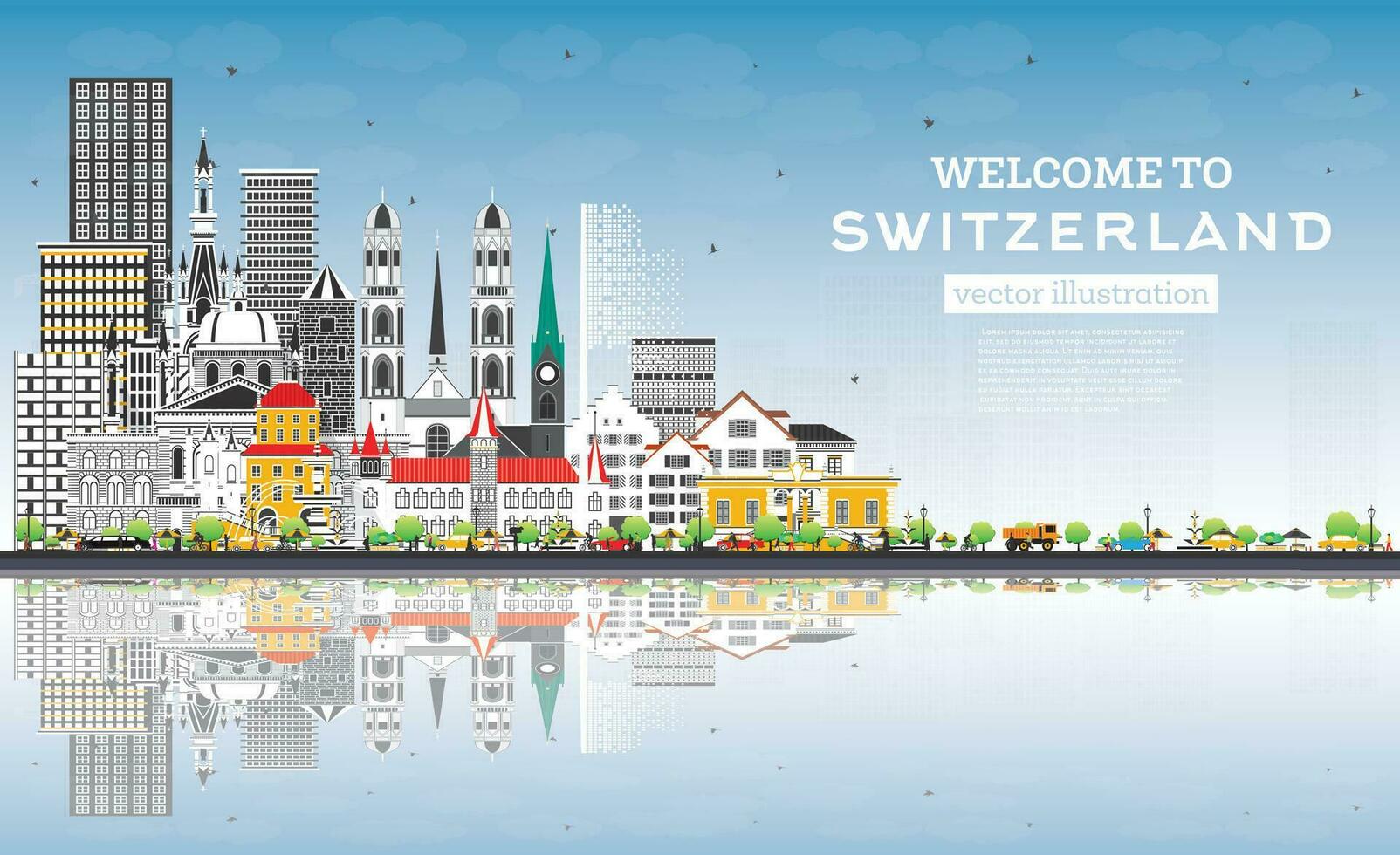Welcome to Switzerland. City Skyline with Gray Buildings and Blue Sky. Switzerland Cityscape with Landmarks. Bern. Basel. Lugano. Zurich. Geneva. vector