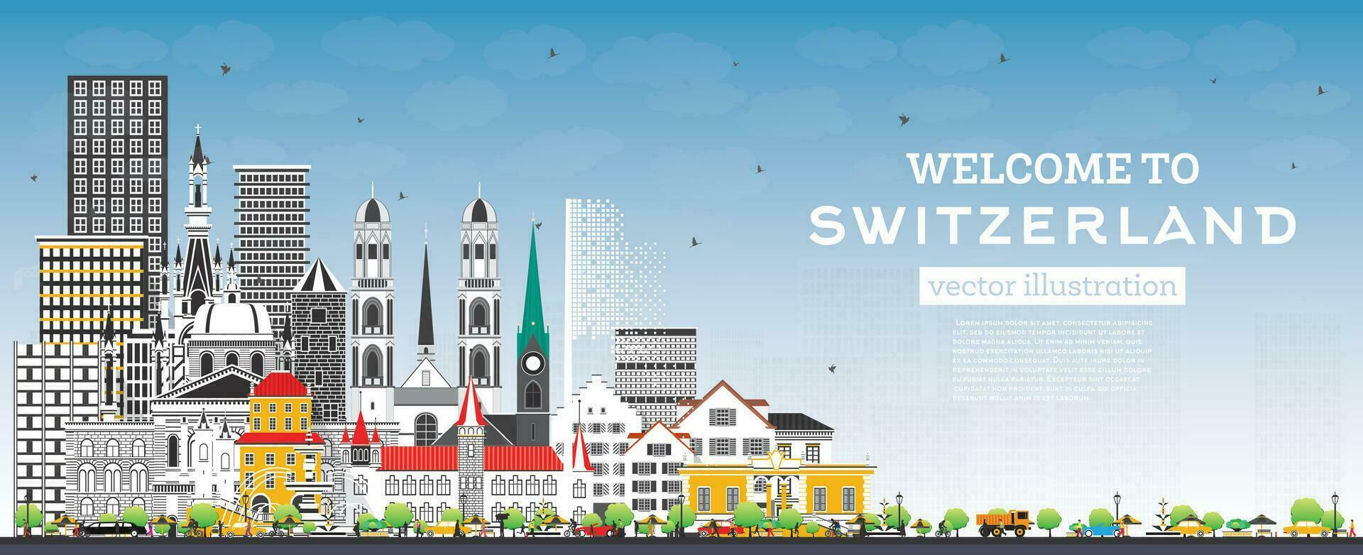 Welcome to Switzerland. City Skyline with Gray Buildings and Blue Sky. Switzerland Cityscape with Landmarks. vector