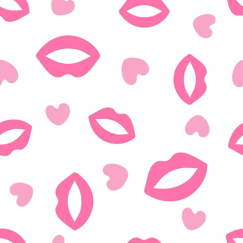 Pink lips and hearts doodle seamless pattern vector illustration