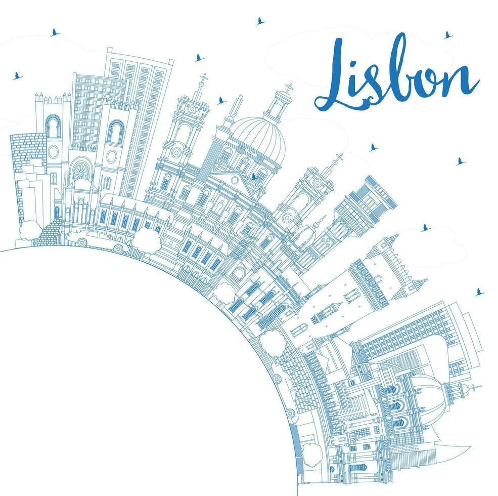 Outline Lisbon Portugal City Skyline with Blue Buildings and Copy Space. vector