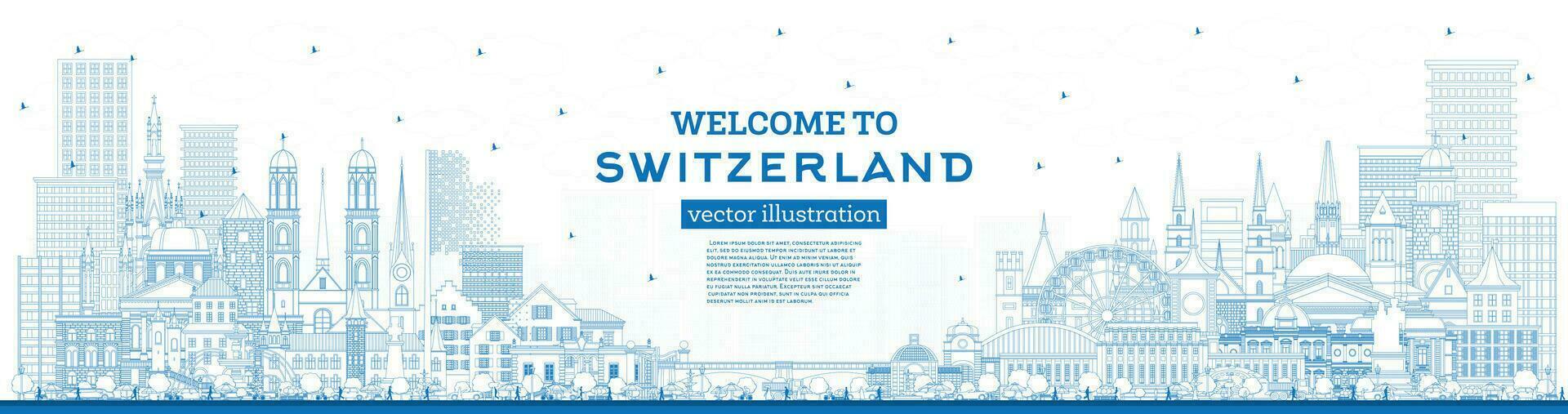 Bienvenido a Suiza. contorno ciudad horizonte con azul edificios Suiza paisaje urbano con puntos de referencia vector