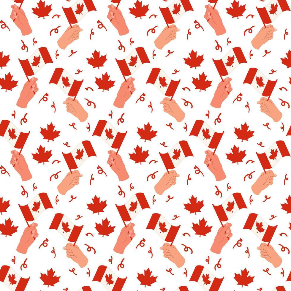 Hands holding Canadian flags seamless pattern vector illustration