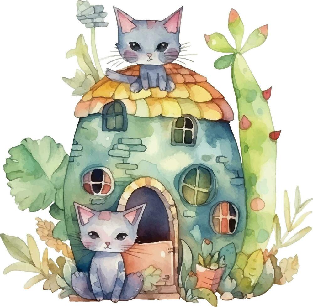 cats in a cactus house illustration vector