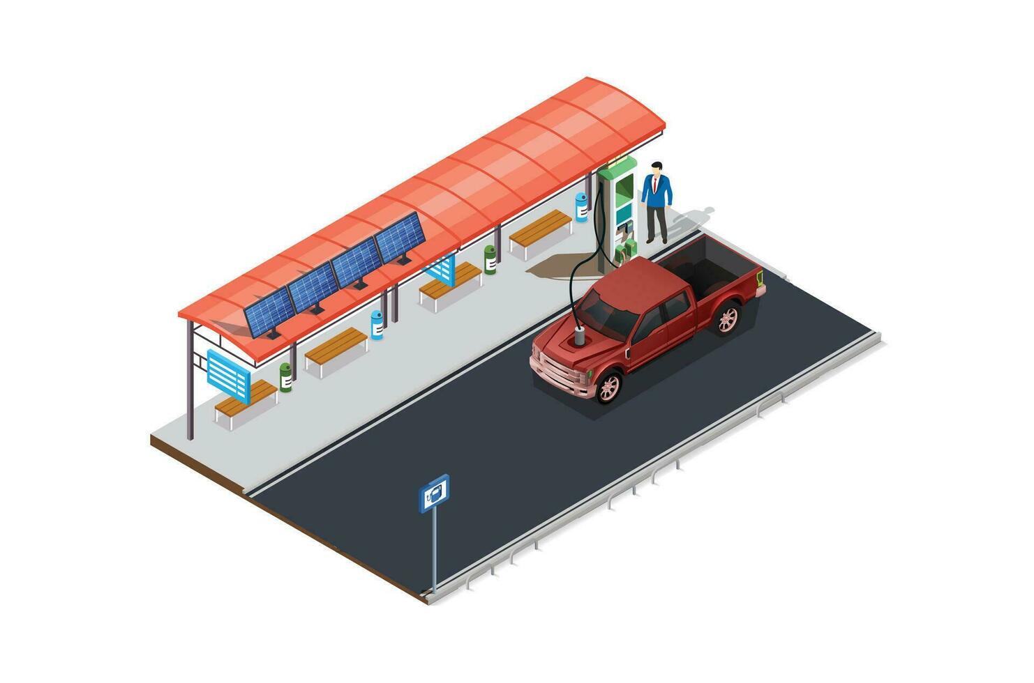 Isometric eco transport, electric vehicle charging station with solar panels, Suitable for Diagrams, Game Asset, And Other asset vector