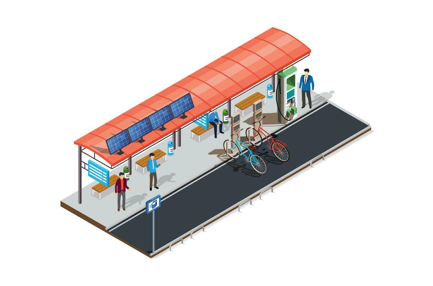 Isometric eco transport, electric vehicle charging station with solar panels, Suitable for Diagrams, Game Asset, And Other asset vector