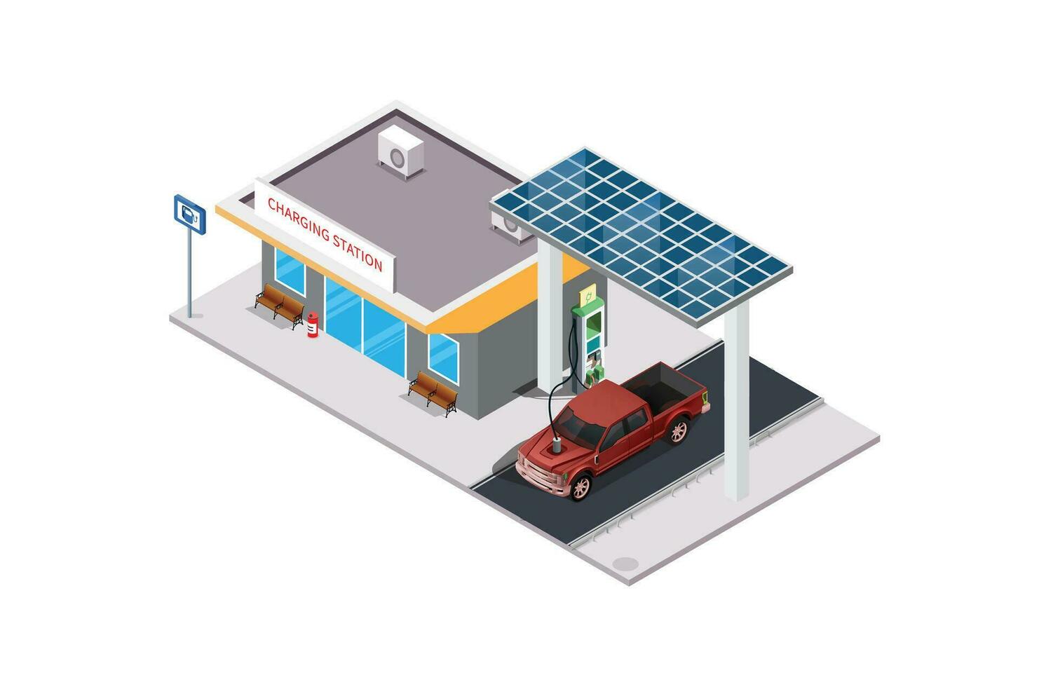 vector isométrica cargando estación con cómodo esperando área. adecuado para diagramas, juego activo, y otro activo