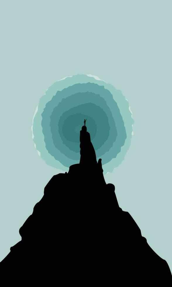 An artistic work for a man standing on the top of a mountain, demonstrates success, demonstration of winning a challenge, blue moon behind a mountain, blue and black cover, art illustration vector