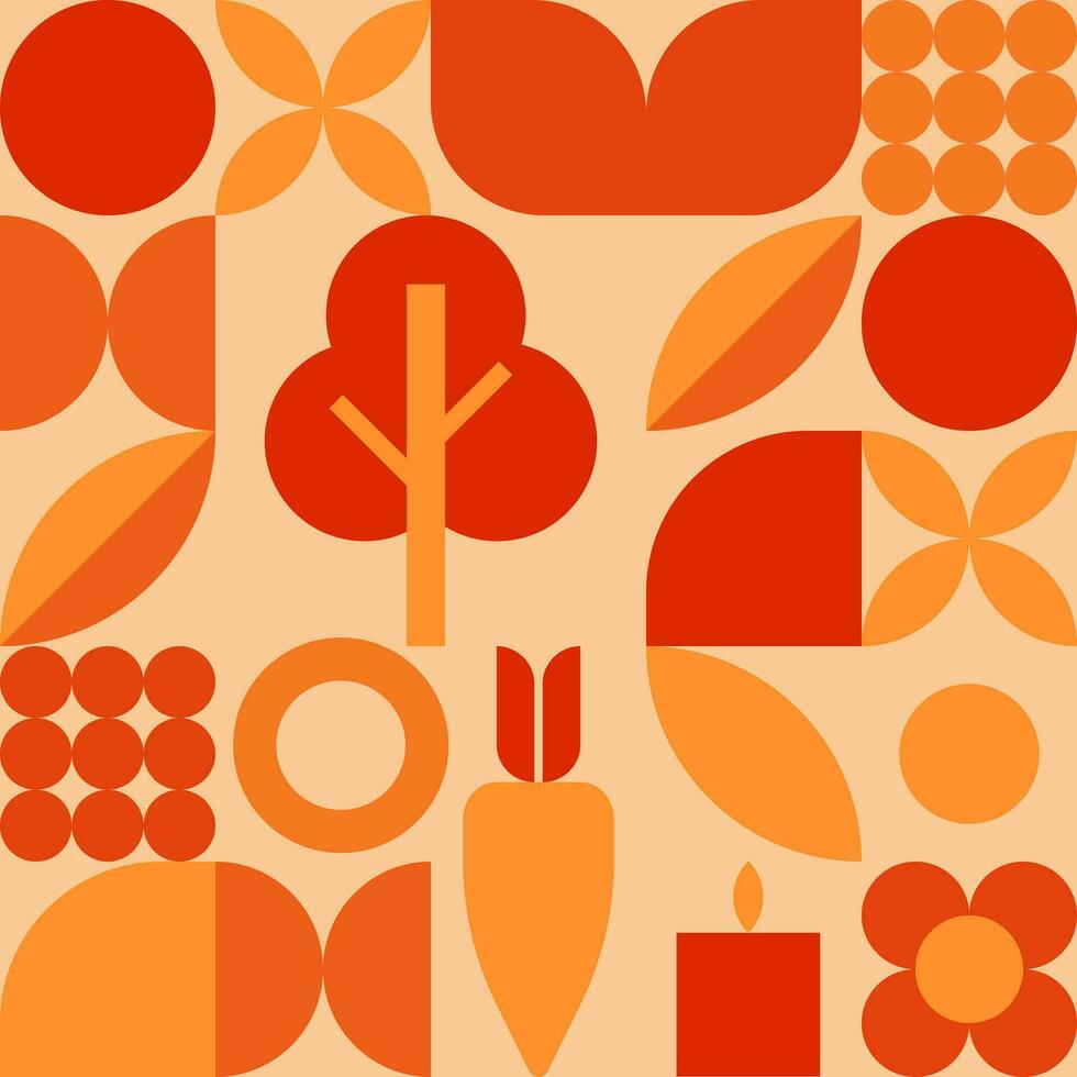 Vintage retro bauhaus seamless pattern. Abstract geometric shape ornament with tree, carrot, candle and shapes. vector