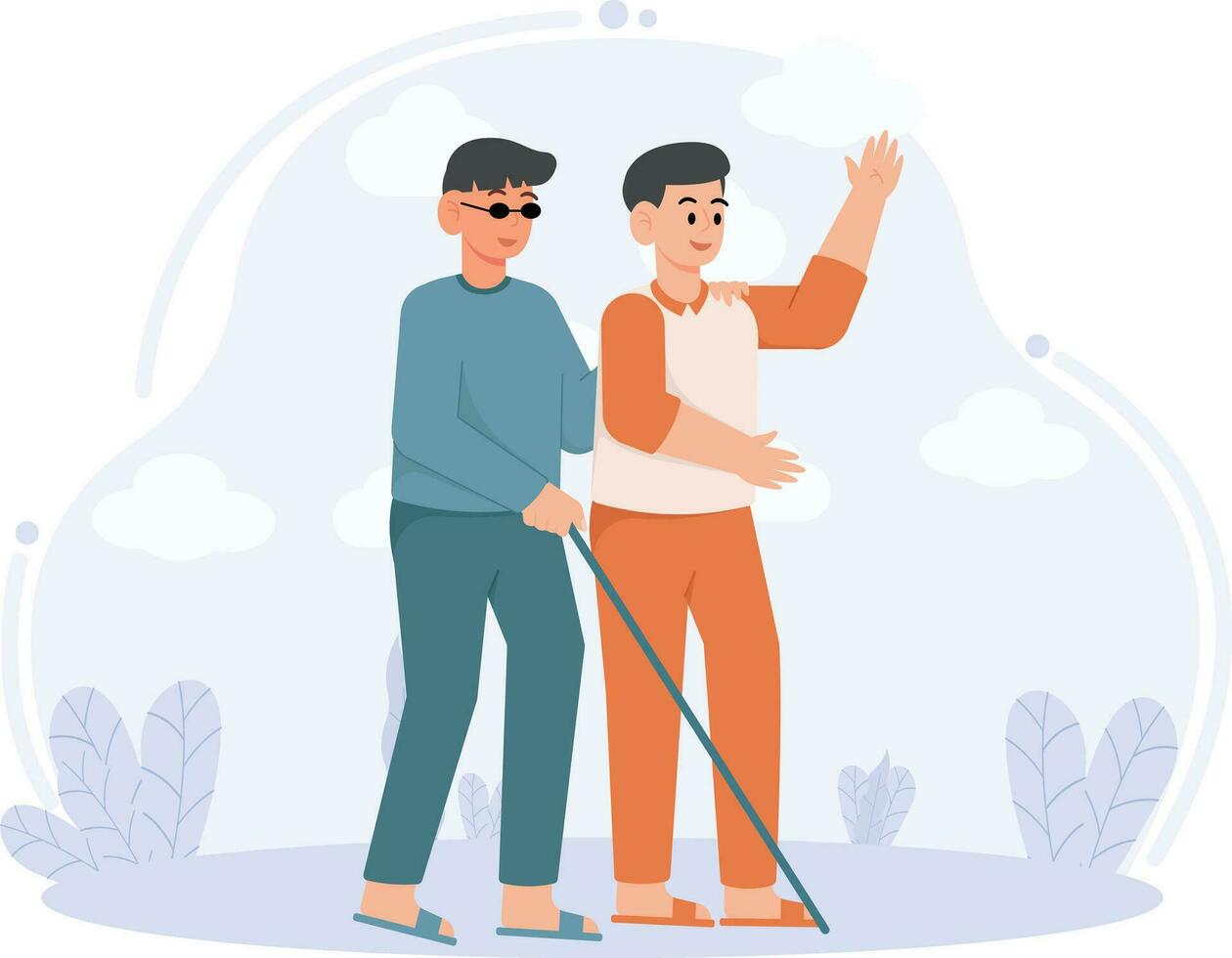 un hombre es caminando con un hombre con un ciego invalidez y saludo alguien ilustración vector