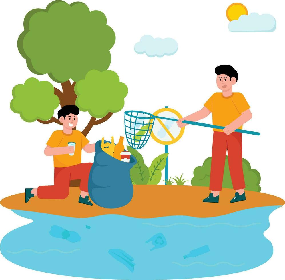 Volunteers Clean Up Trash In The River Illustration vector