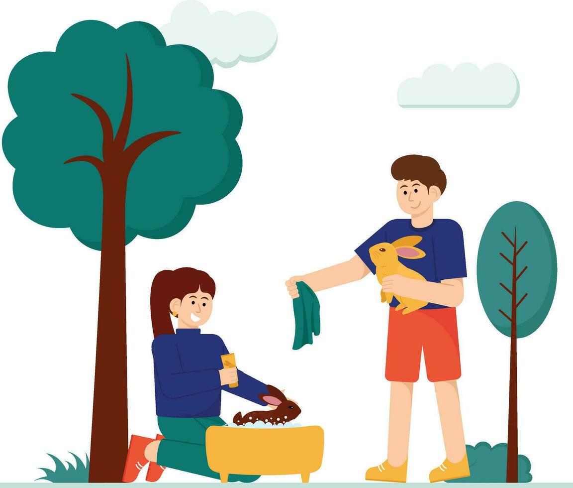 Couple Bathing Their Pet Rabbit Illustration vector